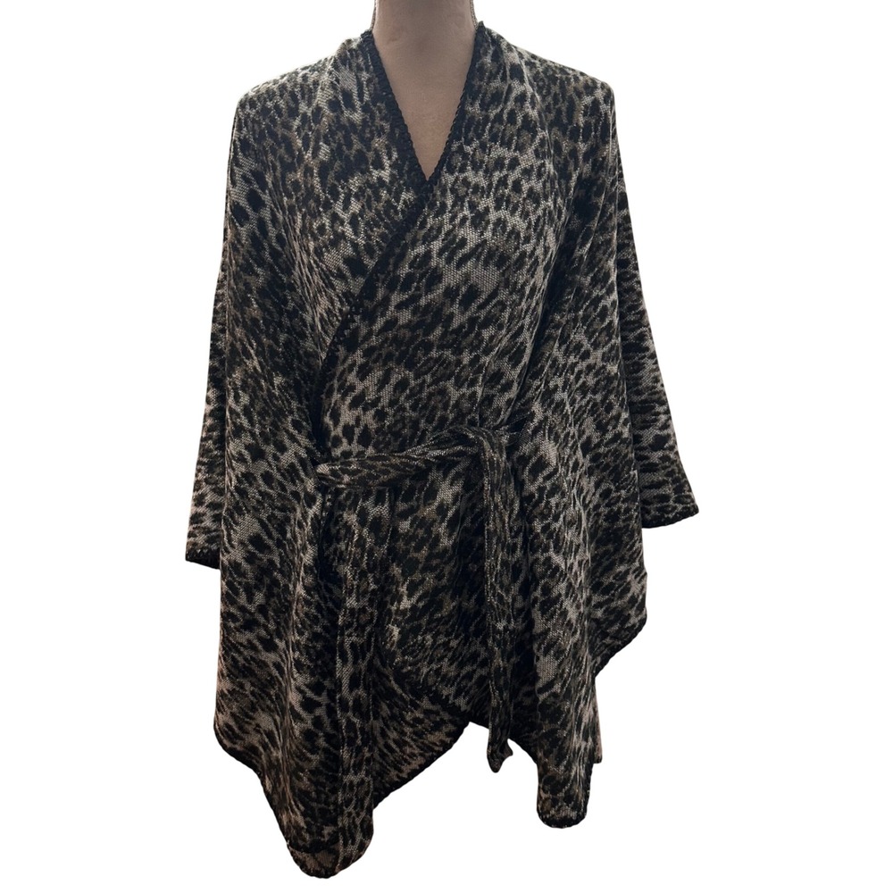 Anne Klein Leopard Print Belted Knit Wrap Poncho Tan Black‎ One Size NWT Travel